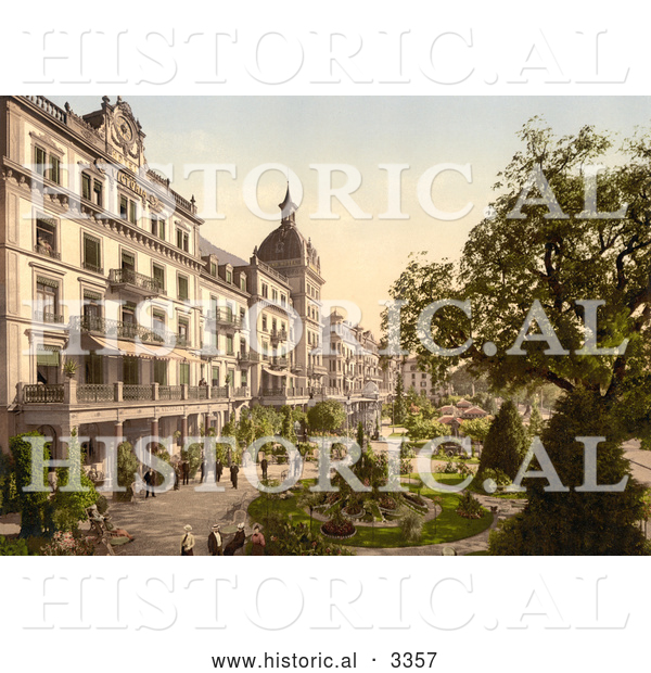 Historical Photochrom of People in Grand Hotel Victoria’s Garden, Interlaken