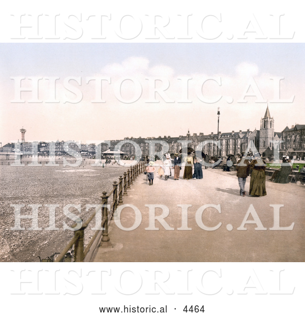 Historical Photochrom of People Leisurely Strolling the Promenade in Morecambe, Lancashire, England, United Kingdom