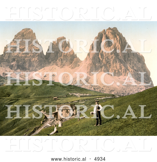 Historical Photochrom of People near a Hotel and Mountains, Sella Joch and Langkofl, Tyrol, Austria