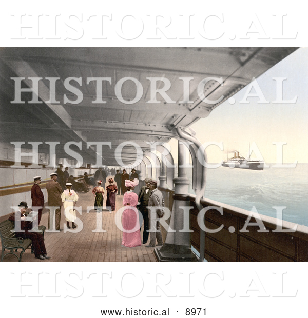 Historical Photochrom of People on Benches and Strolling on the Promenade Deck of the Maria Theresia Steamship, North German Lloyd, Royal Mail Steamers