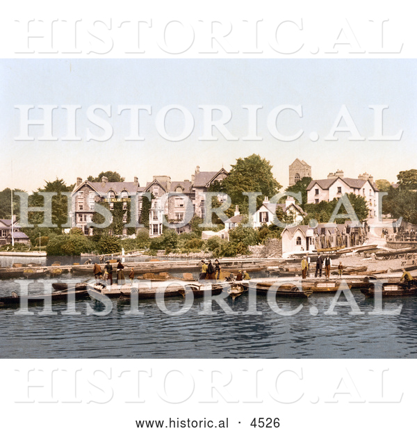 Historical Photochrom of People on Boats near the Old England Hotel in Windermere, Cumbria, Lake District, England