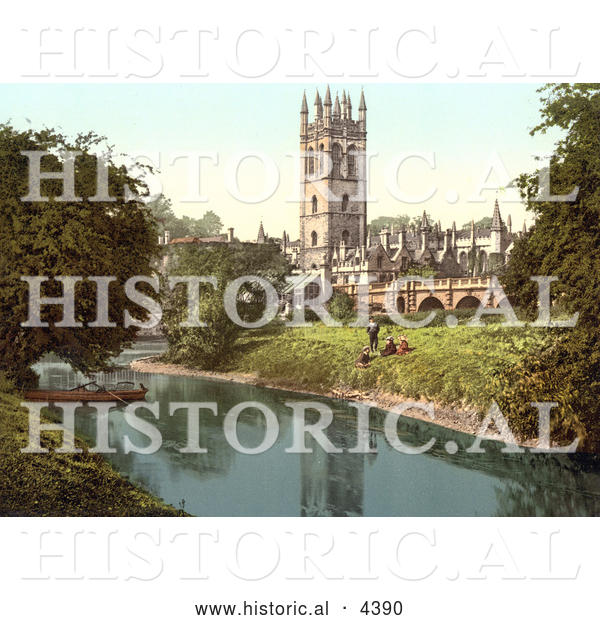 Historical Photochrom of People on the Bank of the River Cherwell near the Magdalen Great Tower in Oxford Oxfordshire England