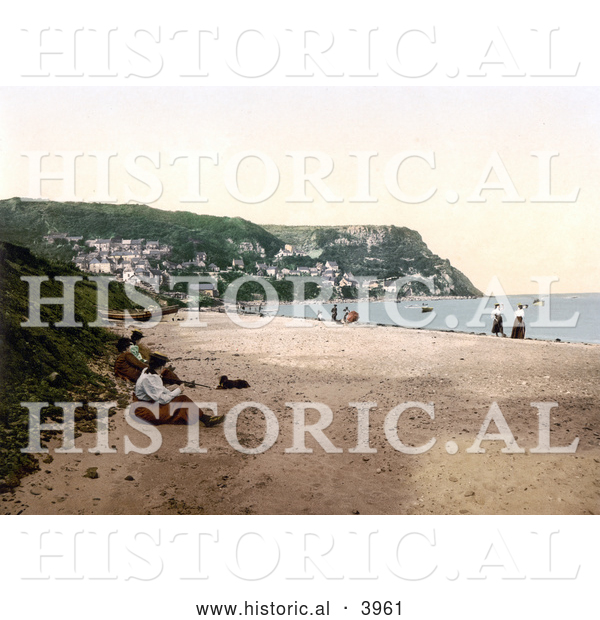 Historical Photochrom of People on the Beach in Runswick Whitby North Yorkshire England UK