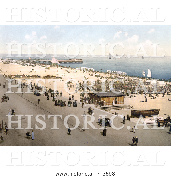 Historical Photochrom of People on the Beach Promenade near Britannia Pier in Yarmouth Isle of Wright England UK