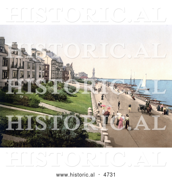 Historical Photochrom of People Strolling the Beachfront Promenade in Herne Bay Kent England