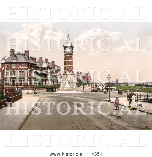 Historical Photochrom of People Strolling the Promenade near the Clock Tower in Skegness, East Lindsey, Lincolnshire, England, United Kingdom