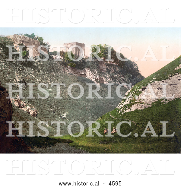 Historical Photochrom of Peveril Castle Ruins on the Hilltop in Castleton Derbyshire England