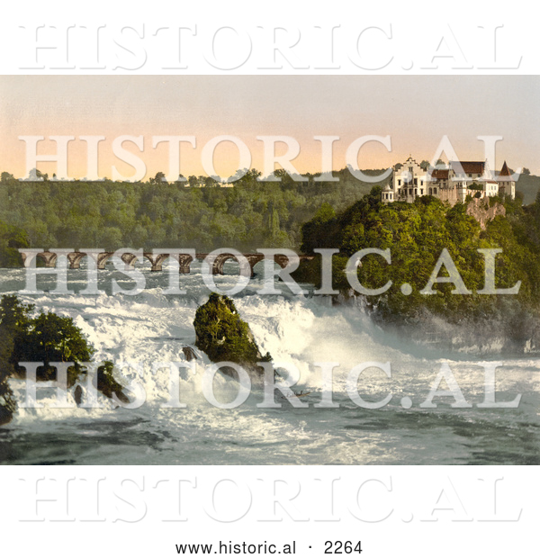 Historical Photochrom of Rhine Falls and Laufen Castle in Switzerland