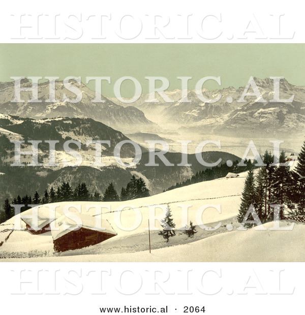 Historical Photochrom of Rhone Valley in Winter, Switzerland