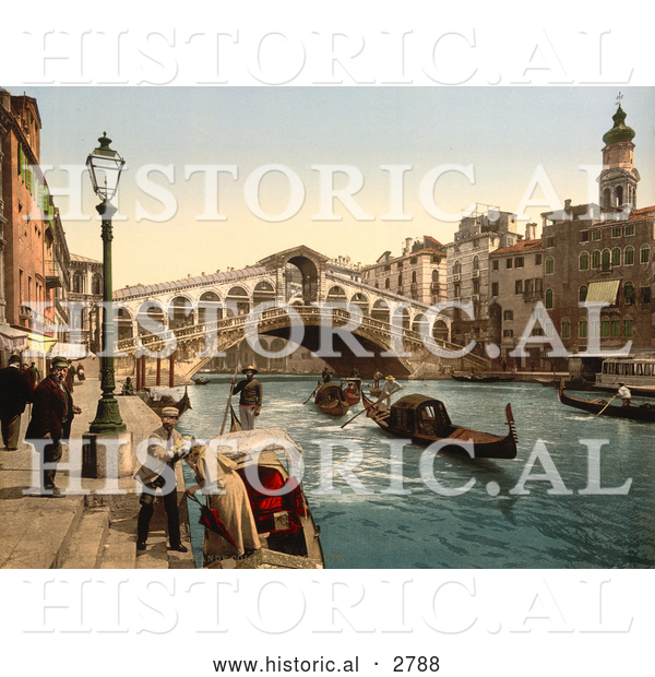 Historical Photochrom of Rialto Bridge, Venice, Italy