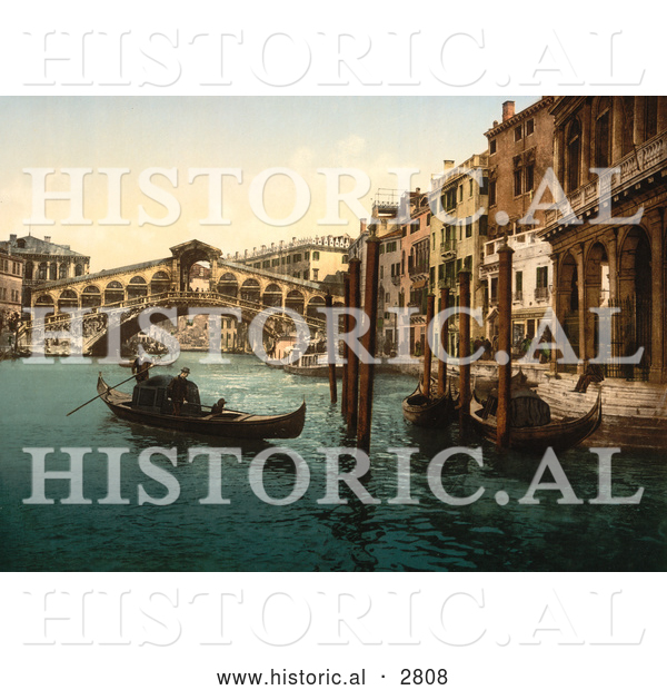 Historical Photochrom of Rialto Bridge, Venice, Italy