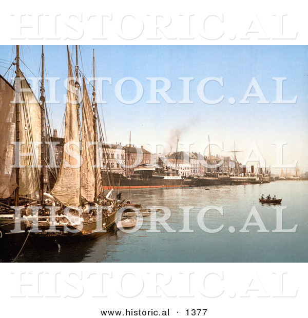 Historical Photochrom of Sail Ships in the Harbor, Hafenstrasse, Copenhagen, Denmark