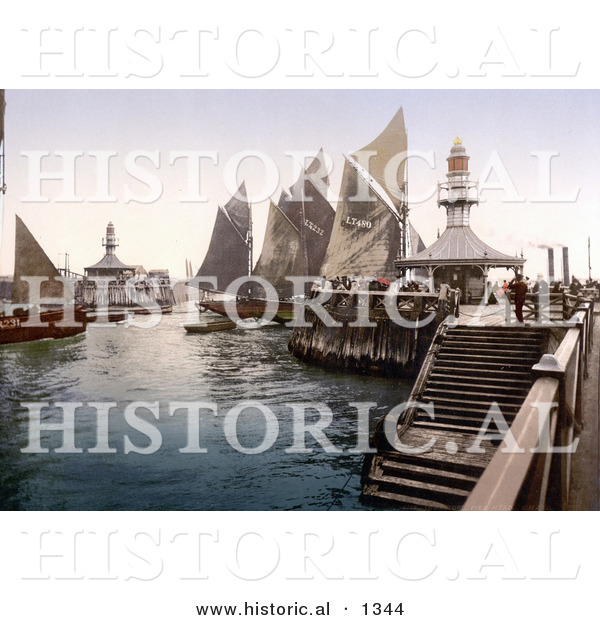 Historical Photochrom of Sailboats at the Pier in Lowestoft, Suffolk, East Anglia, England, United Kingdom