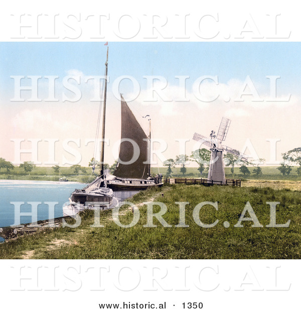 Historical Photochrom of Sailboats by a Windmill at Horning Village Norfolk England