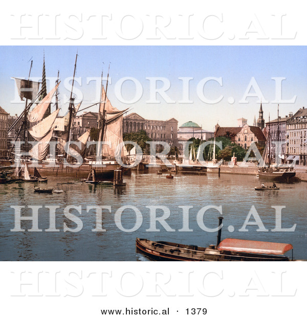 Historical Photochrom of Ships in the Harbor, Copenhagen, Denmark