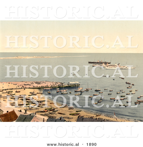 Historical Photochrom of Ships, Sandbar and Pier, Heligoland, Germany