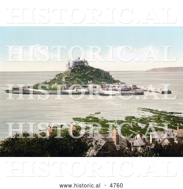 Historical Photochrom of St. Michael’s Mount Castle on Mount’s Bay, Penzance, Penwith, Cornwall, England, United Kingdom