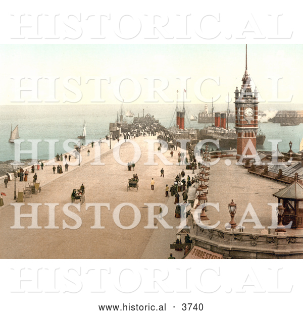 Historical Photochrom of Steamers and Sailboats in the Harbor and People near the Clock Tower on Victoria Pier Douglas Isle of Man England