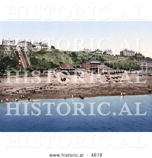 Historical Photochrom of the Beach and Leas Cliff Lift in Folkestone Kent England