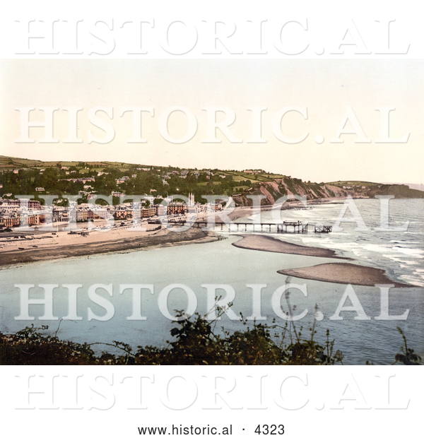 Historical Photochrom of the Beach and Pier in Teignmouth, Devon, England, United Kingdom