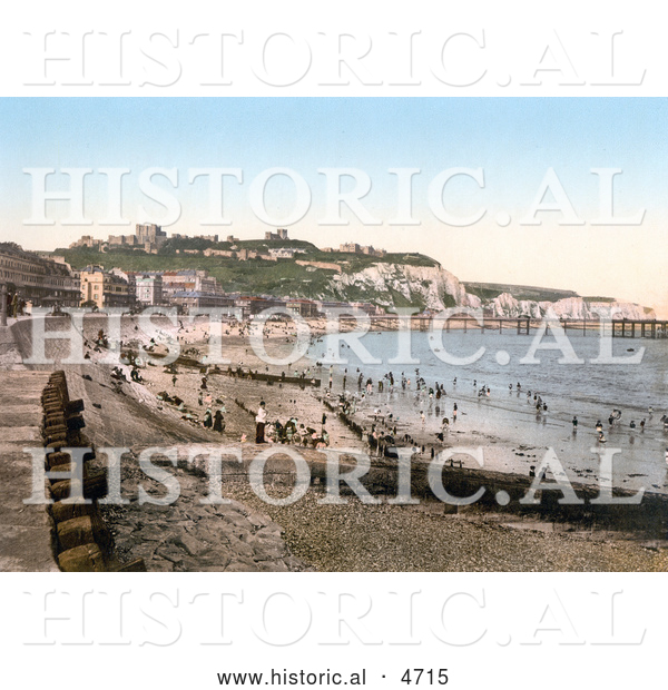 Historical Photochrom of the Beach, Dover Castle, White Cliffs and Seafront Buildings in Dover, Kent, England