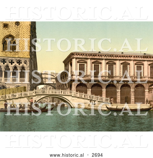 Historical Photochrom of the Bridge of Sighs, Venice, Italy