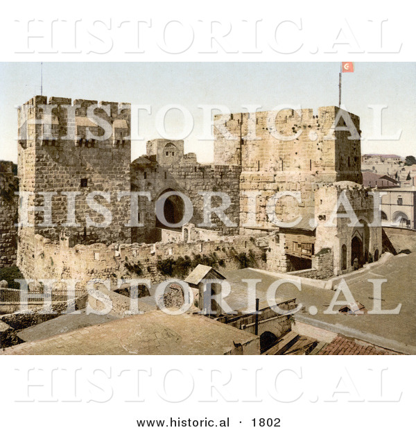 Historical Photochrom of the David and Hippicus Towers in Jerusalem, Israel