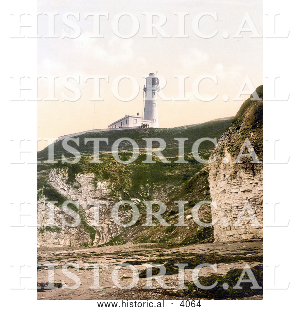 Historical Photochrom of the Flamborough Lighthouse over the North Sea in East Riding of Yorkshire England United Kingdom