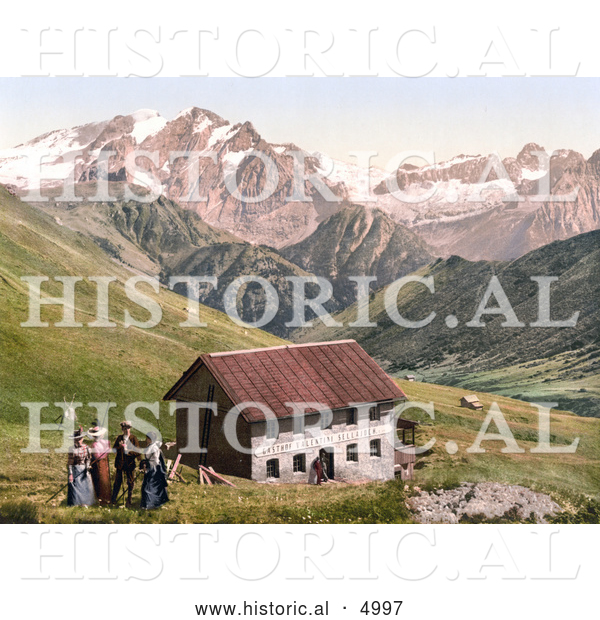 Historical Photochrom of the Gasthof Valentini Sellajoch Building and Marmolada As Seen from the Sellajoch, Tyrol, Austria