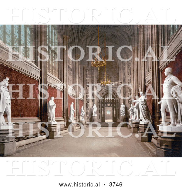 Historical Photochrom of the Interior of St Stephen’s Hall with Statues in the Houses of Parliament London England UK