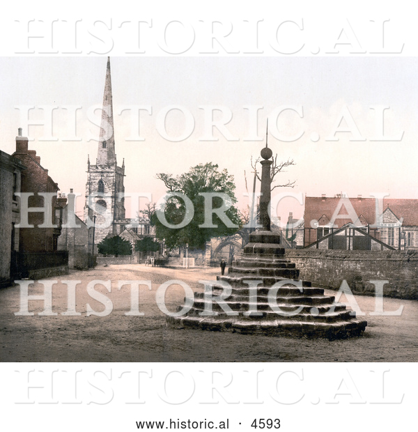 Historical Photochrom of the Market Cross, St Wystan’s Church and Repton School in Derbyshire England