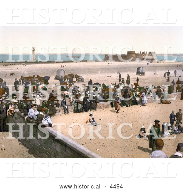 Historical Photochrom of the Perch Rock Lighthouse, Battery Fort and People on the Beach in Liverpool, Merseyside, England