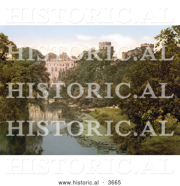 Historical Photochrom of the River Avon Along Warwick Castle in Warwick Warwickshire West Midlands England UK