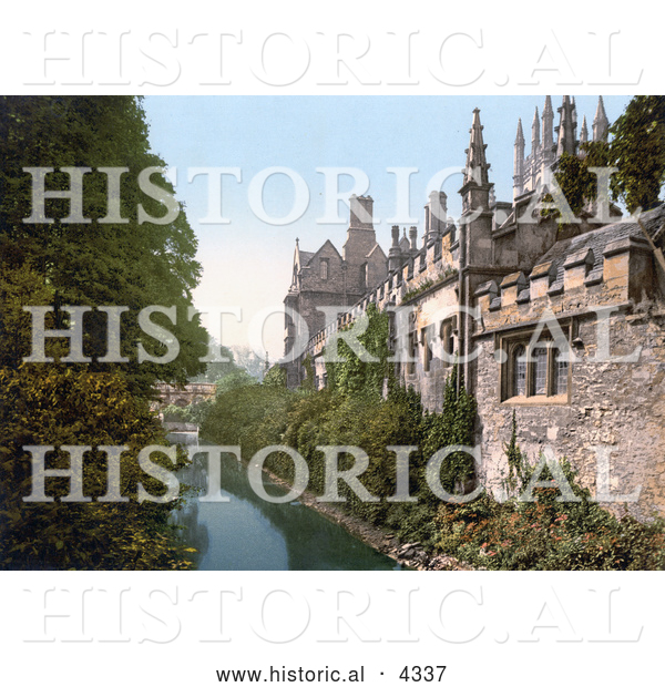Historical Photochrom of the River Cherwell Along the Magdalen College in Oxford Oxfordshire England