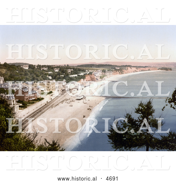 Historical Photochrom of the South Devon Railway Sea Wall and Seafront Buildings in Dawlish Devon England