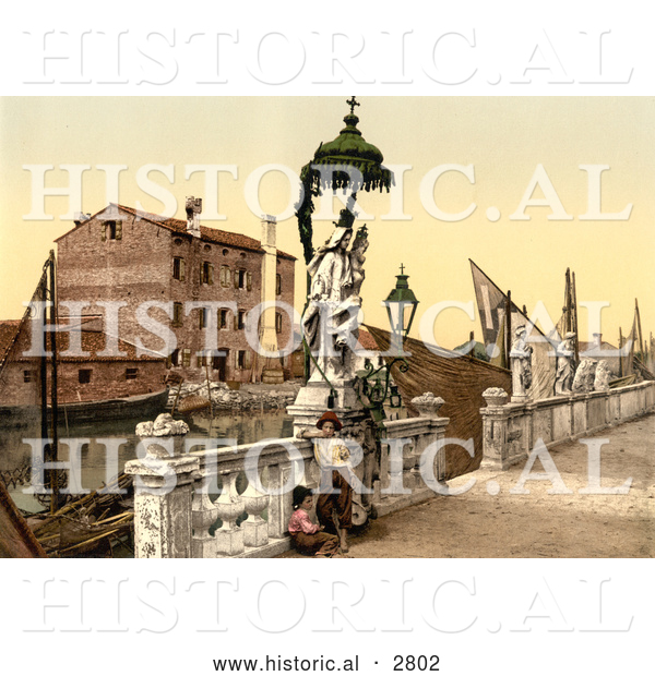 Historical Photochrom of the Statue of Madonna, Chioggia, Venice