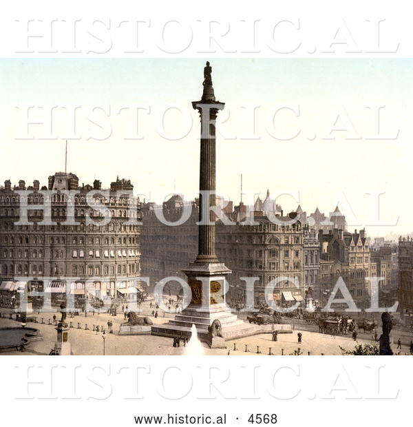 Historical Photochrom of the Statues, Water Fountains and Nelson’s Column in Trafalgar Square, London, England