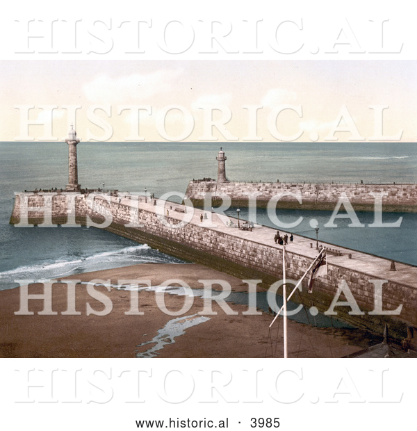 Historical Photochrom of the Twin Piers in Whitby, North Yorkshire, England, United Kingdom