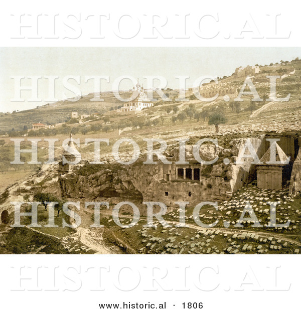 Historical Photochrom of the Valley of the Tombs of Jehoshaphat, Jerusalem, Israel