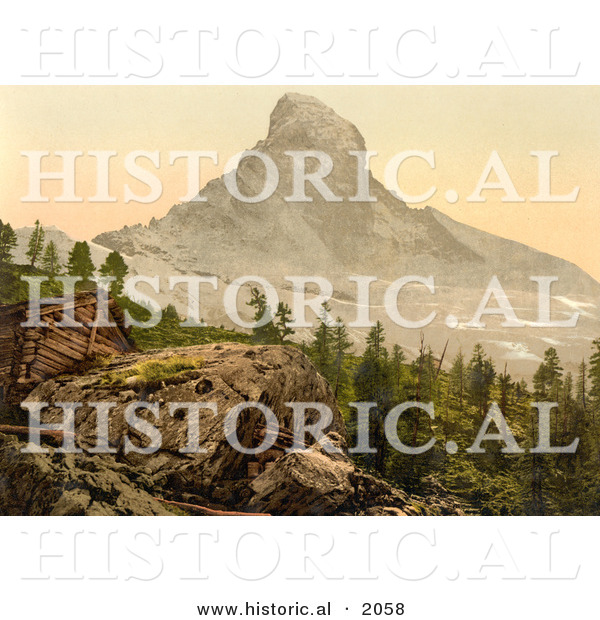 Historical Photochrom of the Zermatt House and Matterhorn Mountain