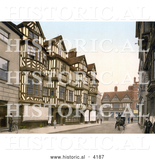 Historical Photochrom of Tudor Buildings, Ireland’s Mansion in Shrewsbury Shropshire England UK