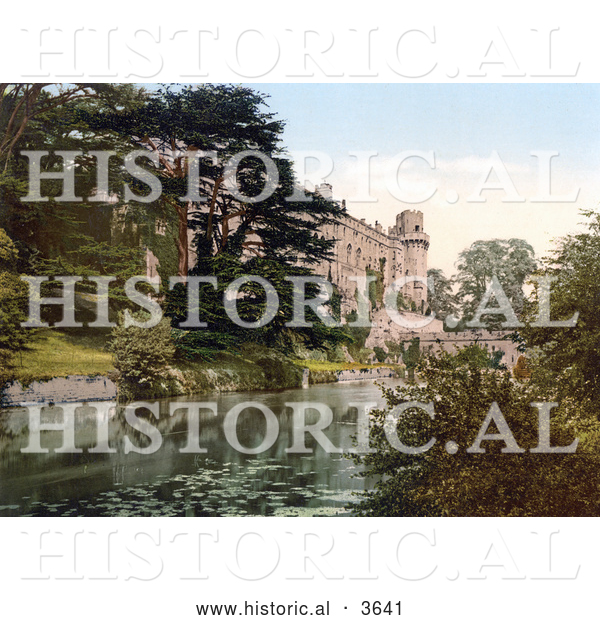 Historical Photochrom of Warwick Castle on the River Avon in Warwick Warwickshire West Midlands England UK