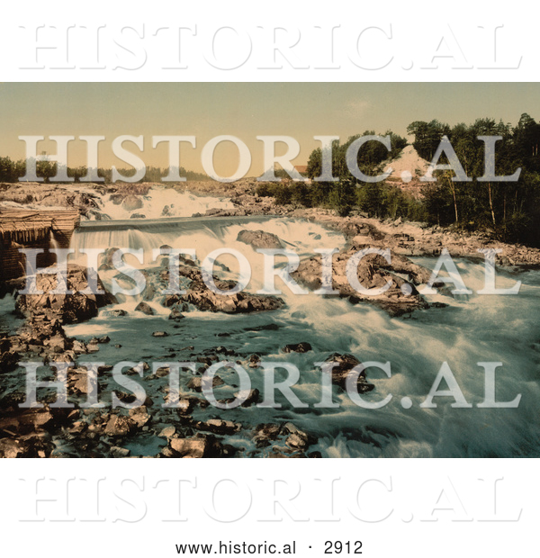 Historical Photochrom of Waterfalls and Rapids, Honefos, Ringerike, Norway
