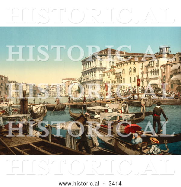 Historical Photochrom of Waterfront Buildings and Gondolas, Grand Canal