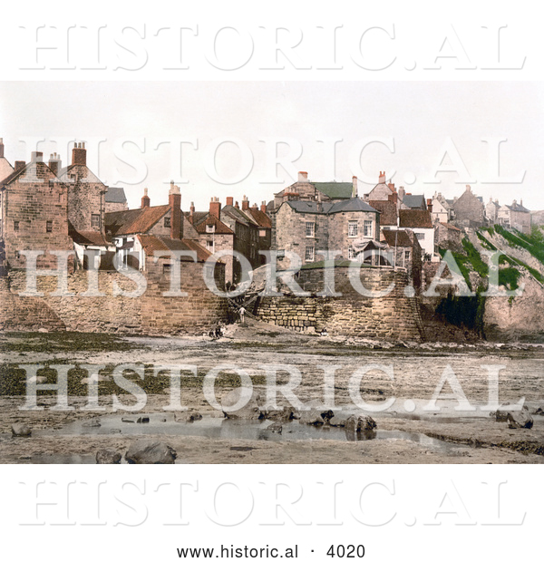 Historical Photochrom of Waterfront Houses on Robin Hood’s Bay in Bay Town Whitby North Yorkshire England UK