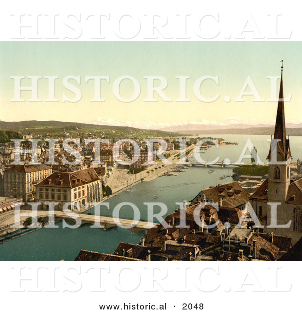Historical Photochrom of Zurich Cityscape, Switzerland