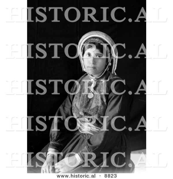 Historical Portrait Photo of Ramallah Woman Seated - Black and White Version