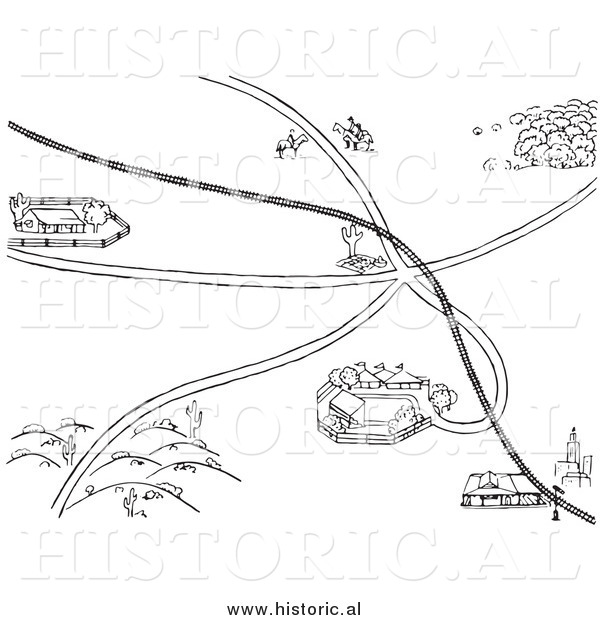 Historical Vector Clipart of Roadways Leading to Fairgrounds - Outline