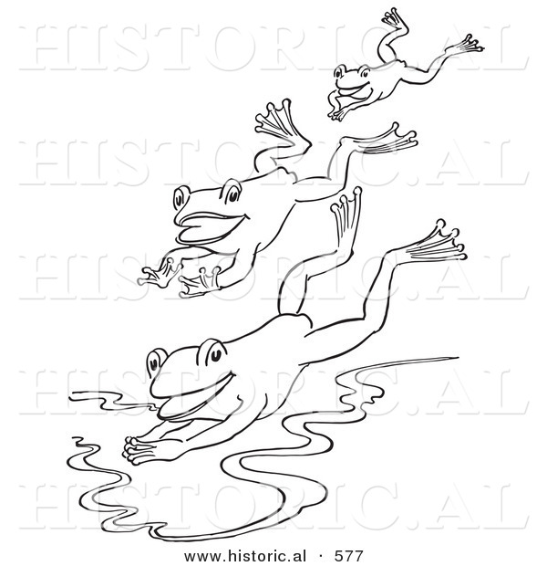 Historical Vector Illustration of a 3 Frogs Jumping into a Pond - Outlined Version