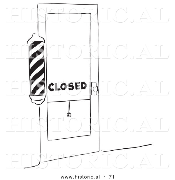 Historical Vector Illustration of a Barber Shop with a Closed Sign on the Door - Black and White Version